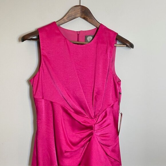 VINCE CAMUTO Satin Cocktail Dress Side Ruched Waist Ruffle Midi NEW NWT 6 - Picture 3 of 10